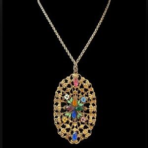 Vintage Czech Fruit Salad Glass Rhinestones Filigree Multi Color Necklace 31”